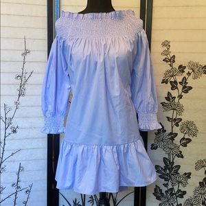 Thayer J Love Pinstripe Off Shoulder HighLow Dress